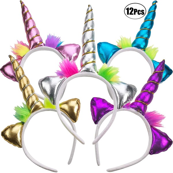 Unicorn Headband - (Pack of 12) Unicorn Headbands for Girls, Party Favors and Rainbow Unicorn Birthday Party Supplies for Kids, Sparkling and Flexible Horn Hair Accessory By Bedwina