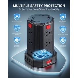 Power Strip Surge Protector, 10 Ft Extension Cord with 12 AC Multiple Outlets 4 USB (1 USB C), SMALLRT Power Tower Desktop Charging Station (Black, 10 FT)