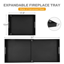 MYFIREPLACEDIRECT 2 Piece Adjustable Fireplace Ash Tray Pan | Expandable Fireplace Ash Pan with Handles for Up to 31" Fireplace Grate, Rectangle Galvanized Steel Sturdy Fireplace Ash Tray, Black