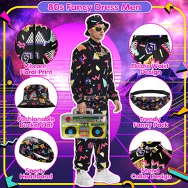 COYBTO Men's 80s Outfit, 80s Tracksuit with 80s Accessories, 80s Costume, 70s Sportswear for Men, 70s Clothing for Carnival, Cosplay Party (M)