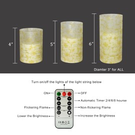 FCMSHAMD Flickering Flameless Candles Vintage Gold Floral Print, Embedded Star String Lights, Battery Operated Acrylic LED Pillar Candles with 11-Key Remote and Timer for Home Decoration - 3 Pack
