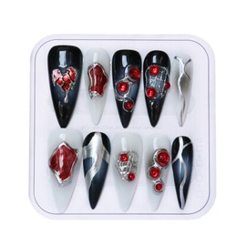 CAMILCY Press on Nails Handmade Nails Luxury Reusable Fake Nails For Girls long Almond Armor Tip Black White Diamonds Hand Painted Salon Loveful Design Acrylic GelUV Finished For Women 3DNails 10PCS S