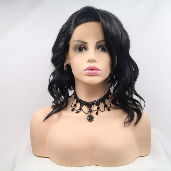 Xiweiya Short Black Curly Wave Mix Color Wig Side Part Synthetic Lace Front Wigs Short Black Soft Wig Hair Replacement Wig for Women, Drag Queen Makeup 14 inch