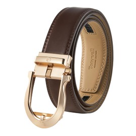 Tonywell Men's Leather Ratchet Belt, 1 3/8" Adjustable Dress Belt, Trim to Fit, Men Brown Belt Gold Buckle 2, One Size Fits 32-45 Inches