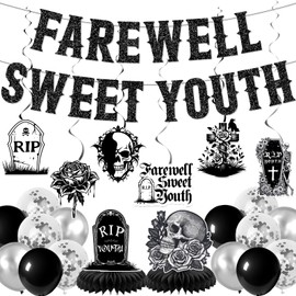 Death to My 20s 30s 40s Decorations - Farewell Sweet Youth Banner Hanging Swirls Centerpieces Balloons Rip to My 20s 30s Decorations for Funeral Decor, Black Glitter