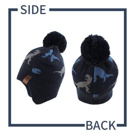 XIAOHAWANG Knitted Baby Hat Winter Warm Boys Girls Beanie Fleece Lining Toddler Kids Hat with Pompom (Navy Dinosaur Hat, M)