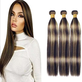 BilltiiWW Ombre Blonde Bundles Straight Human Hair Highlight P1B27 Human Hair Straight Bundles Black and Blonde two tone Brazilian Human Hair Weave Soft and Silky for Black Women 14 16 18 Inch