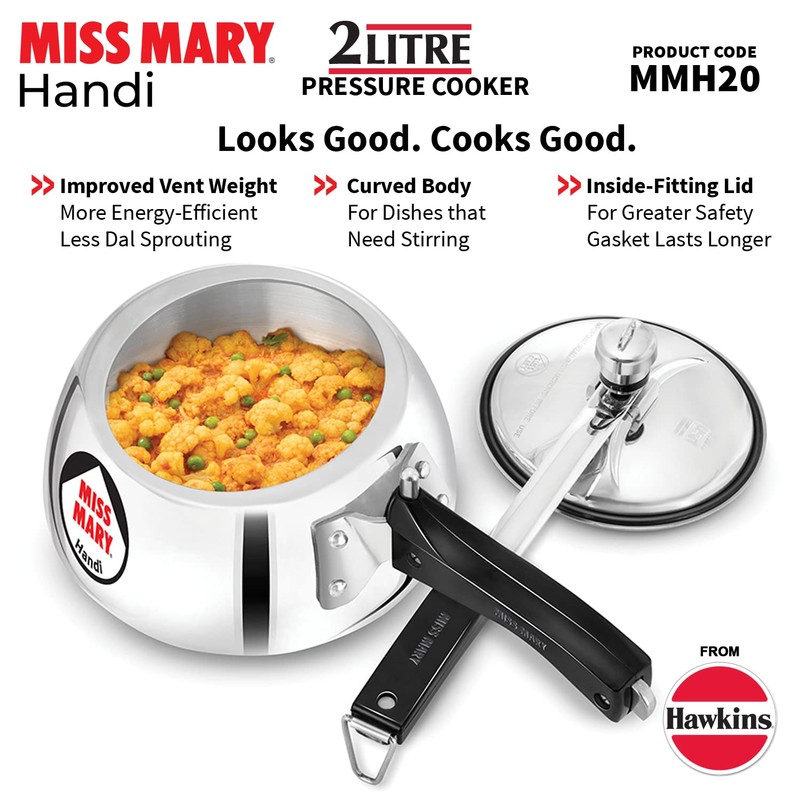 Hawkins 2 Litre Miss Mary Handi Pressure Cooker, Small Inner