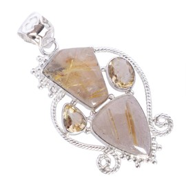 Ravishing Impressions Goldener Rutil & Citrin Multi-Stein Anhänger Halskette in 925 Sterling Silber - Eleganter goldener & gelber Schmuck