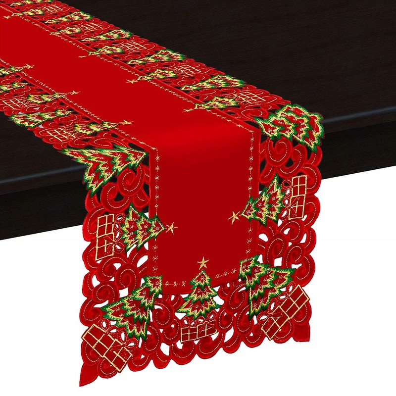 Grelucgo Embroidered Christmas Holiday Holly Tree Large Table Runner And