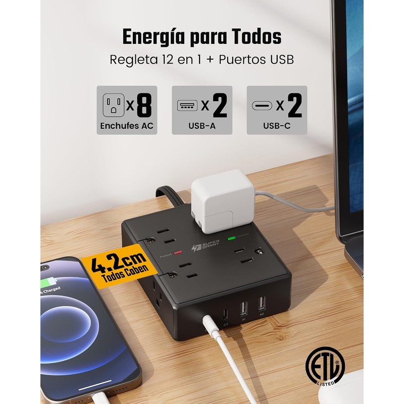 SUPERDANNY 12 En 1 Regleta Multicontacto 3 Metros Enchufe Plano,