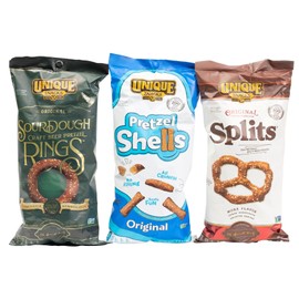Unique Snacks - Variety Pack with Original Splits Pretzels Shells, and Sourdough Craft Beer Rings, 32 Oz Total, (Pack of 3)