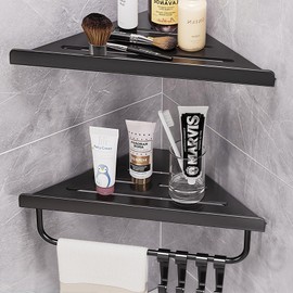 CHOUPIJIANG Shower Corner Shelf,2 Layer Bathroom Corner Shower Caddies with 4 Hooks,No Drilling Rust Proof Shower Organizer Corner, 2 Pack-Black