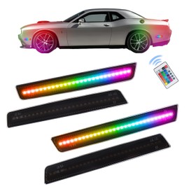 ATROVI RGB LED Side Marker Lights Replacement for Dodge Challenger 2015-2023, [16 Color 4 Modes] Front Rear Fender Bumper Replace OEM, Smoked Lens RBG Side Turn Signal Lamps with 24-Key Remote, 4PCS