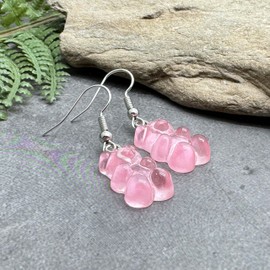 Baby Pink Bear Charm Earrings - Super Cute Resin Charm Beads on Silver Tone Nickel Free Hooks : 38mm