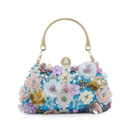 Fecialy - Bolso de mano de flores para mujer, diseño floral en 3D, correa de cadena, bolsa de hombro para fiesta formal, novia y boda, Azul