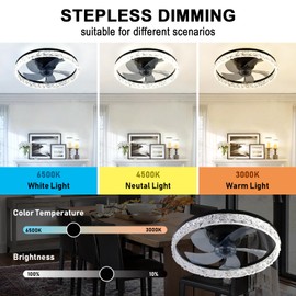 20" Modern LED Ceiling Fan with Lights Dimmable Acrylic Dimmable Low Profile Ceiling Fan Flush Mount Bladeless Chandelier Fan Stepless Color Temperature Change and 6 Speeds (Black)