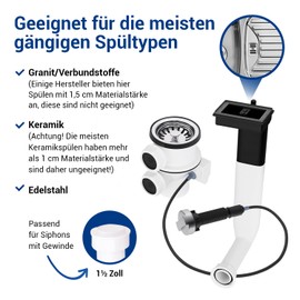 AQUADE Sink Drain Fitting 1 1/2 Inch 70 mm with Excenter Valve + Overflow - Drain Kitchen Sink Drain Strainer Sink Drain Fitting Sink with Overflow Strainer Basket Eccentric Valve & Sink Drain Set