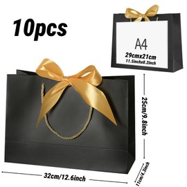 10 Premium Black Gift Bags with Gold Bow Ribbons - Elegant Large Present Bags for Weddings, Graduations & Birthdays (13x9.8x4.3 Inches)