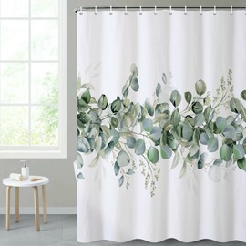 Renaiss 72x72 Inches Eucalyptus Shower Curtain Watercolor Plants Spring Sage Leaves Botanical Leaf Floral Fabric Shower Curtains for Bathroom Decor Waterproof Polyester Fabric with Hooks