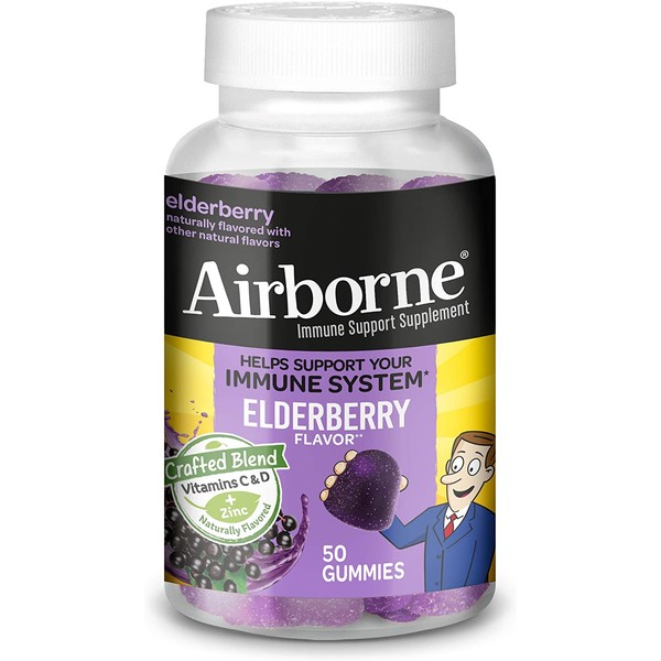 Airborne Elderberry + Zinc & Vitamin C Gummies For Adults, Immune Support Zinc Gummies with Powerful Antioxidants Vit C D & E - (50 count bottle), Delicious Elderberry Flavor