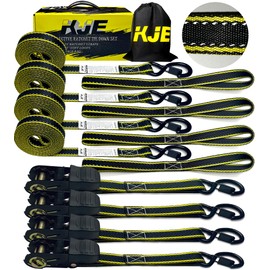 KJE Reflective Ratchet Straps, (4) 1" x 15' Tie Down Strap Sets + (4) Soft Loops, TPR Handles & Coated S Hook W/Safety Clip, 1823lb Break Strength, Cargo Strap for Motorcycle, ATV