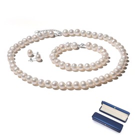 YAMI Pearl Set (Necklace + Bracelet + Earrings), High-Quality Freshwater Cultured Pearls, Hypoallergenic 925 Sterling Silver, Both Quality and Beauty, Suitable as a Christmas Gift, 45 + 5 cm, Sterling