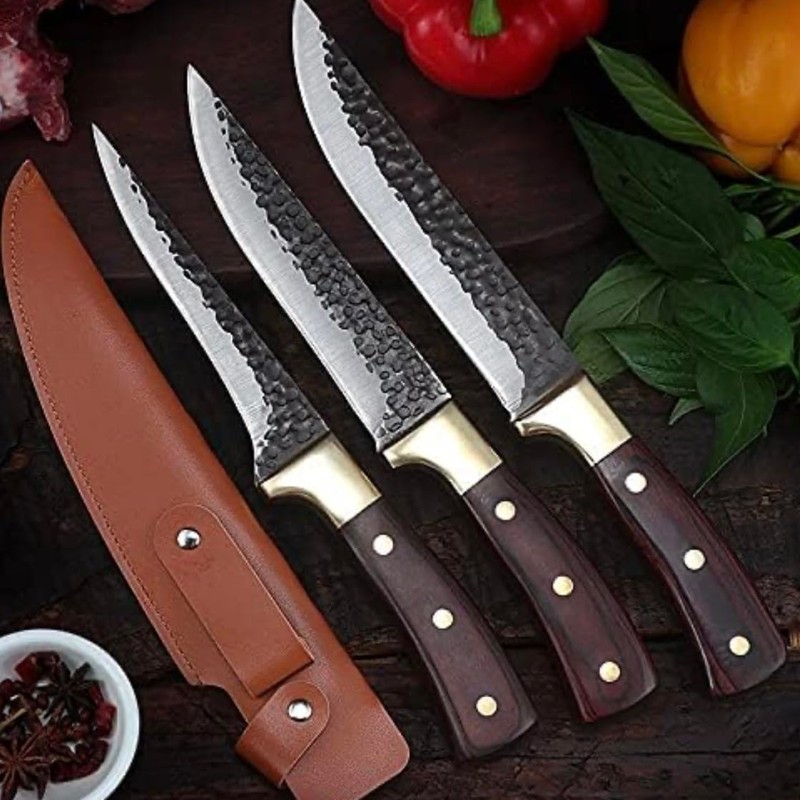 Premium Steak Knives Set with Hammered Steel Blades, Wooden Handles,