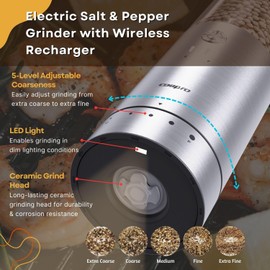 COSPRO 2-in-1 Wireless Charging Electric Salt and Pepper Grinder Set, Rechargeable Automatic Stainless Steel Spices Mill Set - One-Hand to Operate, Adjustable Coarseness, Easy Cleaning