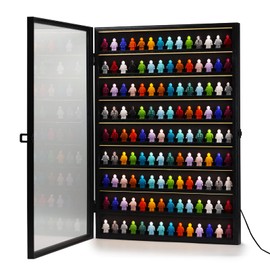 SIXPOINTS LED Minifigures Display Case-Wall Mount Miniature Action Figure Display Cabinet Holder-Holds 126 Figure Men Miniatures Collection-Lockable (Black Wood Finish)