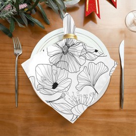 Gkseojer Black and White Floral Table napkins of textile 20x20 Inch Reusable Washable Fabric Dinner Napkins - 6 Pcs