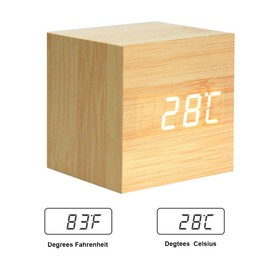 Onerbuy Wooden Digital Cube Alarm Clock Touch Sound Activated Desk Clock Portable Travel Clock with LCD Display for Time, Temperature, Calendar, 3 Alarm Settings (Yellow)