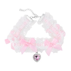 yaozeio Bow Lace Choker Necklace for Women Pink Bow Necklace Charm Wedding Birthday Halloween Costume Bows Neck Chain Bowknot Collar Necklaces Heart Chokers Lace Neck Accessories