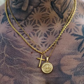 DVRK Set of 18 K Gold Chains with 316L Stainless Steel Base – Men's Gold Necklaces – Men's Gold Chains 55 cm – Gold Chain Men's Cross – Gold Chain Men's Compass, Gold, 316L stainless steel, No