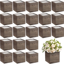 Suzile 24 Set Wooden Planter Box Square Wood Flower 4 Rustic Cube Planter Box with Removable Foam Blocks Liner Brown Square Vase for Home Centerpiece Garden Craft Wedding Farmhouse Decor
