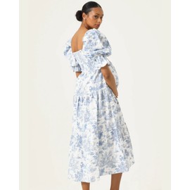 NOTHING FITS BUT Kiko Baby Shower Maternity Gown, Women’s Cotton Classic Linen Smocked Nursing Dress, Short Puffed Sleeves, Off Shoulder, Square Neckline, Shirred Bust, Calf-Length, Paris, XS