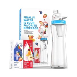 22oz White Stainless Steel Water Bottle Starter Kit with Blue Lid and 2 Flavor Cartridges (Fruit Punch & Mixed Berry)
