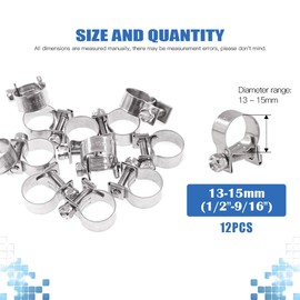 Glarks 12Pack 13-15mm Stainless Steel Mini Fuel Injection Hose Clamps Adjustable Pipe Hose Clip Tube Clamps Set (1/2''-9/16'' Dia)