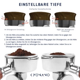 KYONANO Distributor 53.3 mm Height Adjustable, Coffee Powder Distributor Made of Premium Stainless Steel and Walnut Wood, Coffee Leveling Tool for Perfect Extraction Coffee Distributor with Adjustable