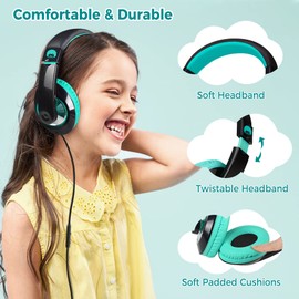 Rockpapa Comfort+ Kids Headphones, Wired Headphones Over Ear Headphones with Microphone for Kids Children Adult, Stereo Sound, Adjustable Headphones for School/Travel/Phone/PC/MP3-Black Teal