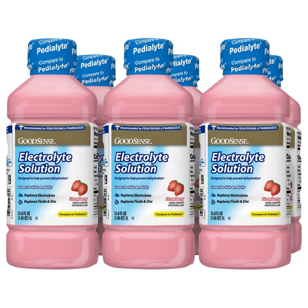 GoodSense Strawberry Electrolyte Solution, Replaces Electrolytes, Fluid & Zinc, Kids & Adults, 33.8 Fluid Ounces (Pack of 6)