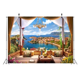 Loccor 5x3ft Fabric Vintage Balcony Backdrop Luxury Chandelier Mediterranean Bay View Photography Background Tea Party Birthday Party Decorations Portrait Photo Booth Studio Props Wallpaper