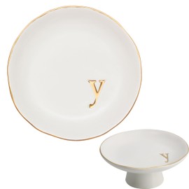 COLLECTIVE HOME - Ceramic Jewelry Tray, Decorative Monogram Jewelry Dish, Luxurious Trinket Tray with High Base, Birthday Mother's Day Christmas Gift for Women (y)