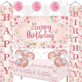 Pink Flowers Birthday Decorations for Women Girls Glitter Rose Gold Floral Happy Birthday Banner Backdrop Balloons Tablecloth Paper Pom Poms for Baby Shower Wedding Birthday Party Supplies