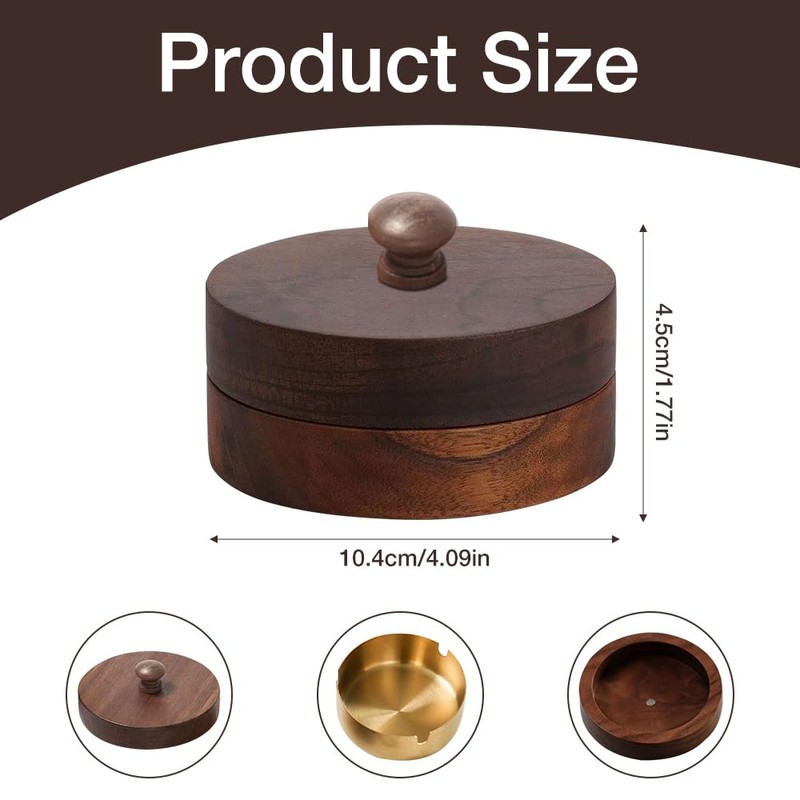 DAJASD Ashtray with Lid, Stainless Steel Walnut Windproof Ashtray Anti-Fly
