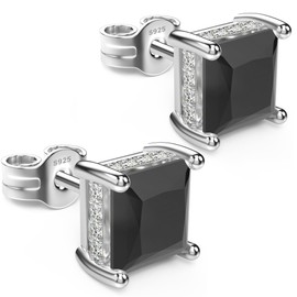 UNFAAR 18K White Gold Plated Sterling Silver Princess Cut Cubic Zirconia Stud Earrings Square CZ Diamond Stud Earrings for Women Men Hypoallergenic (7MM, Black)