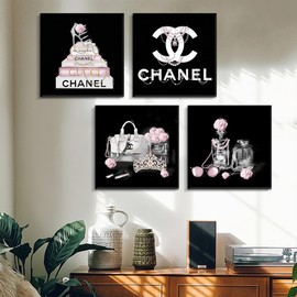 Fashion Teen Girls Bedroom Pink Wall Art Decorations Black And White Wall Art Women Satchel Painting Pictures Wall Art for Home Decor 10"x 10"x 4 Panel