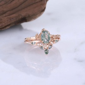 Flpruy Natural Moss Agate Ring for Women 925 Sterling Silver Green Moss Agate Set Ring for Women Promise Ring Engagement Moss Agate Jewelry for Anniversaries US 9