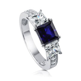 BERRICLE Sterling Silver 3-Stone Wedding Engagement Rings 1.6 Carat Simulated Blue Sapphire Princess Cut Cubic Zirconia CZ Anniversary Promise Ring for Women, Rhodium Plated Size 10