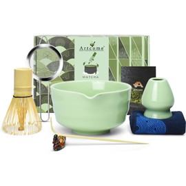 Artcome 7-Piece Matcha Tea Set - Complete Japanese Ceremony Kit with Bowl, Whisk, Scoop, Strainer & Guide, Green